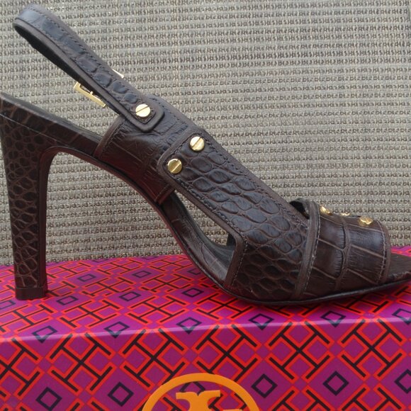 TORY BURCH 9M NAOMI Brown Croc Embossed Leather Slingback Heels - Picture 3 of 9